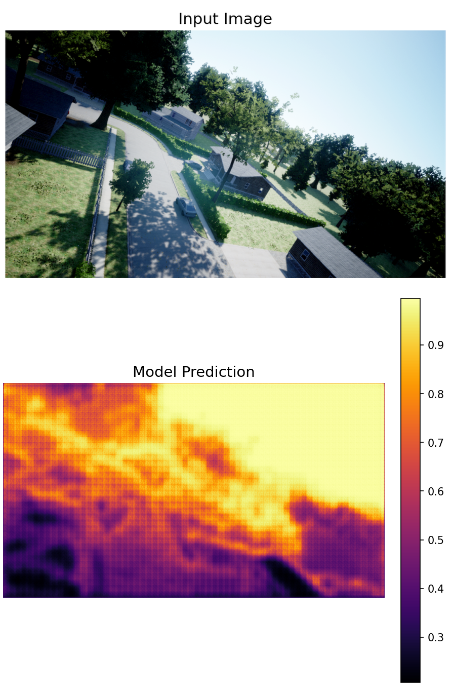 Drone input image (top) and LeJEPA depth prediction in inferno colormap (bottom)